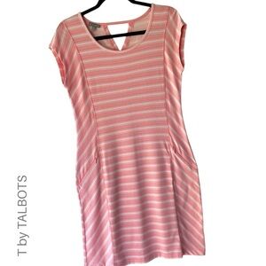 T by TALBOTS NWOT FRENCH TERRY NAUTICAL PINK STRIPE DRESS ZIP POCKETS | EX SMALL